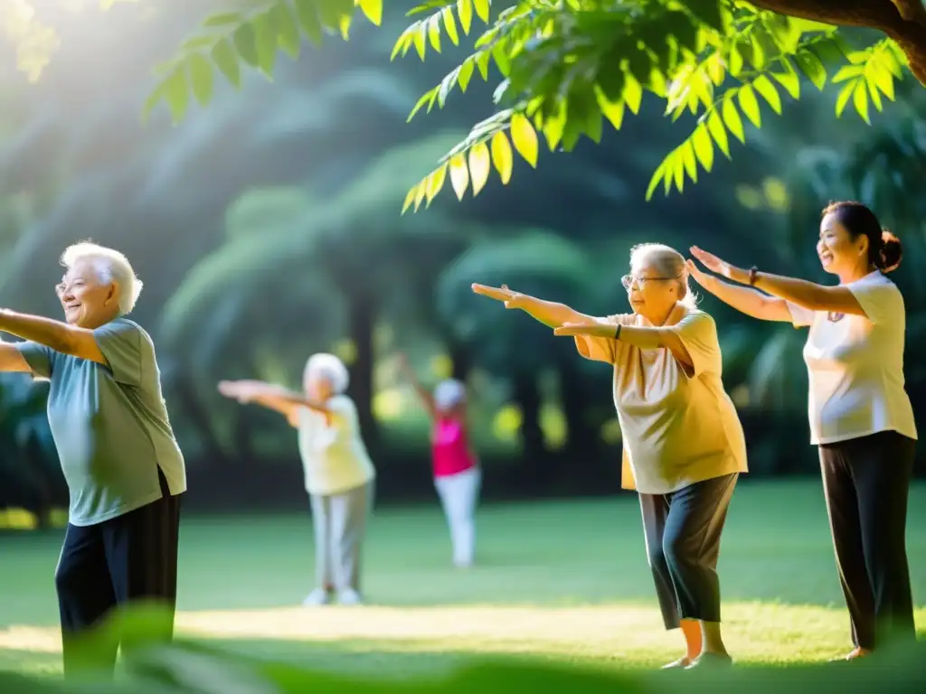 Grupo de ancianos disfrutando de una sesión de respiración guiada y estiramientos en un entorno natural sereno