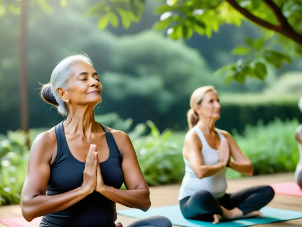 Grupo de ancianos practican yoga al aire libre rodeados de naturaleza, técnicas de respiración para fortalecer pulmones