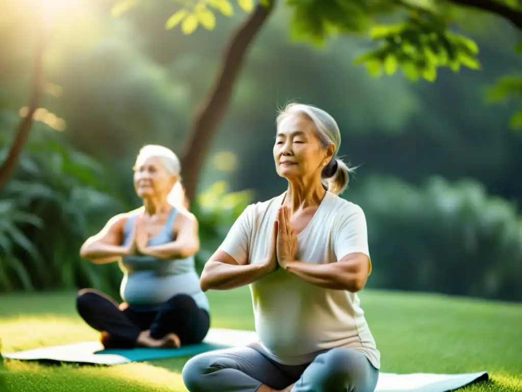 Grupo de ancianos practicando yoga al aire libre, rodeados de naturaleza, transmitiendo paz y vitalidad, beneficios para el sistema respiratorio