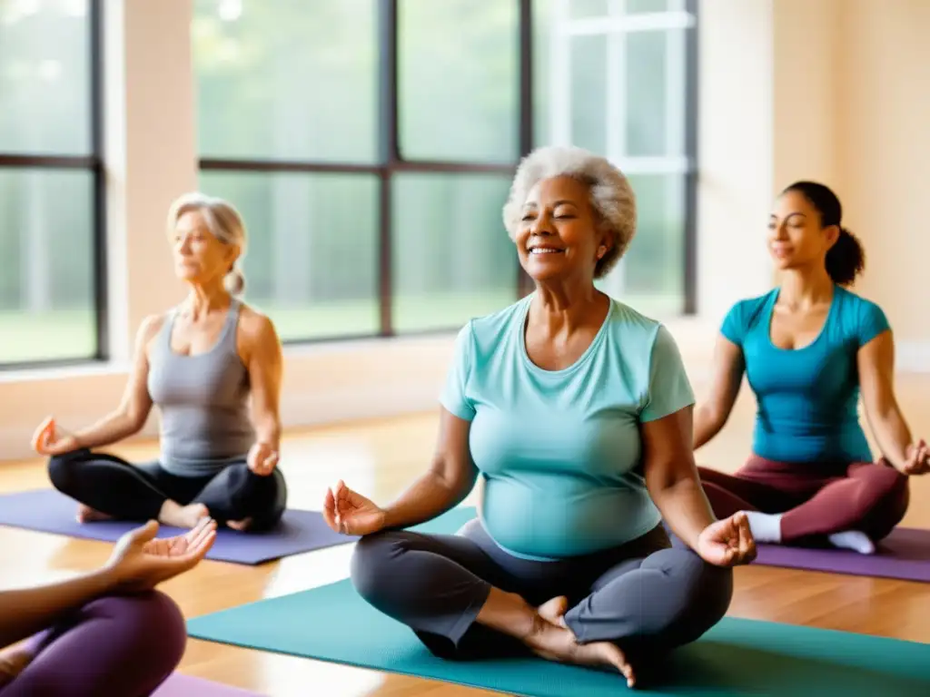 Grupo de ancianos practicando yoga con instructor en estudio luminoso, enfocados en la respiración