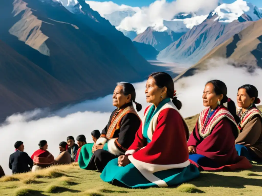 Grupo Andino realizando ejercicios respiratorios tradicionales con vistas a los picos nevados de los Andes