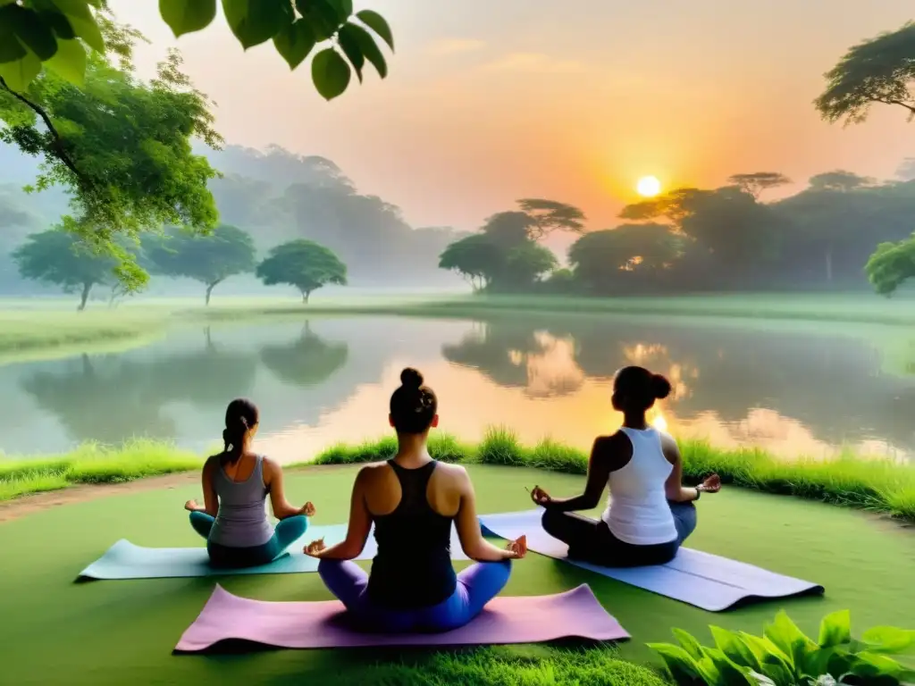 Grupo en asanas de yoga, respirando conscientemente en un retiro en la India