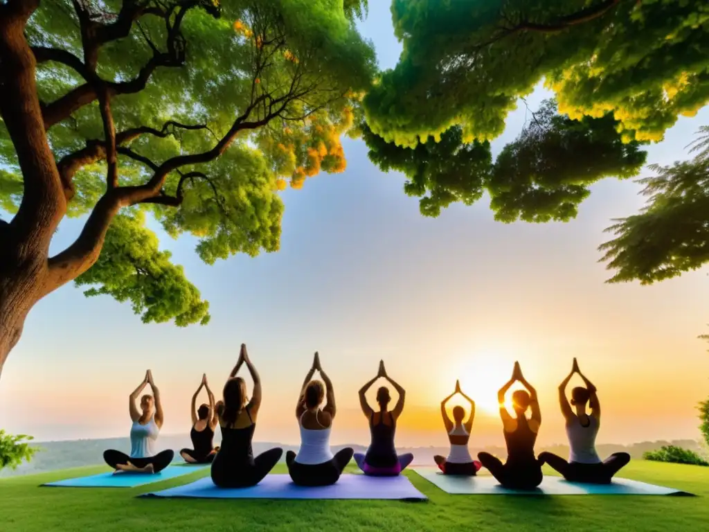 Un grupo practica yoga al atardecer en un parque verde y frondoso, conectando con la naturaleza