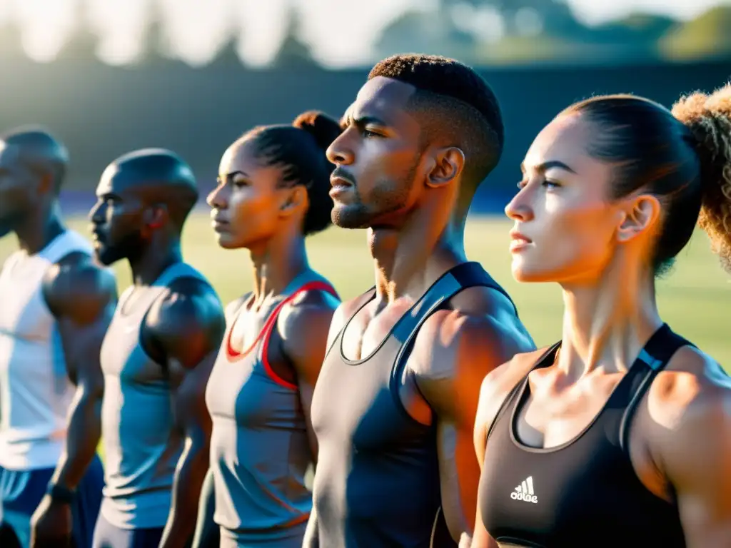 Grupo de atletas de élite practicando ejercicios de respiración en campo deportivo, con enfoque y determinación, destacando estrategias de marketing respiración deportistas