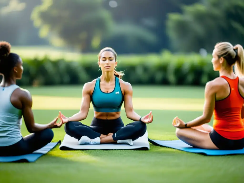 Un grupo de atletas de élite en prendas deportivas de alto rendimiento participa en una sesión de respiración y meditación dirigida por un experto en marketing deportivo