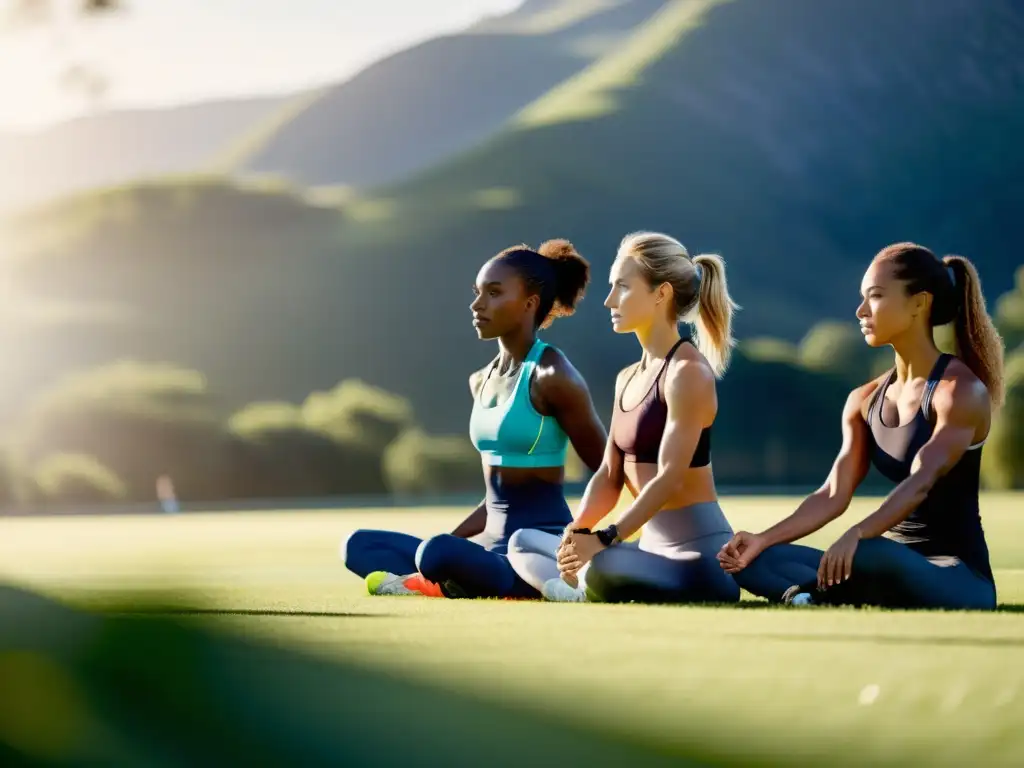 Grupo de atletas de élite ejecutando programas avanzados de respiración para atletas en un campo de entrenamiento al aire libre con montañas de fondo