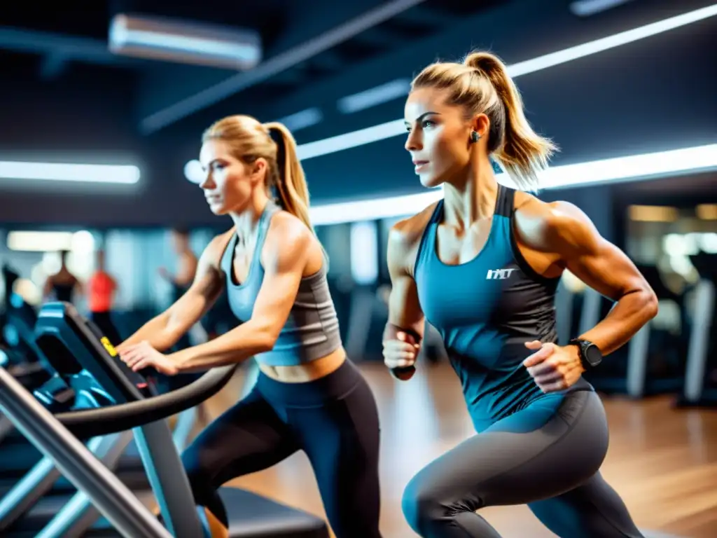 Grupo de atletas realizando entrenamiento HIIT en un moderno gimnasio, enfocados y respirando conscientemente, mejorando su rendimiento atlético