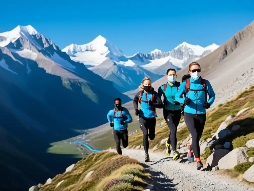 Grupo de atletas de montaña con entrenamiento respiratorio, determinación y belleza natural de la montaña