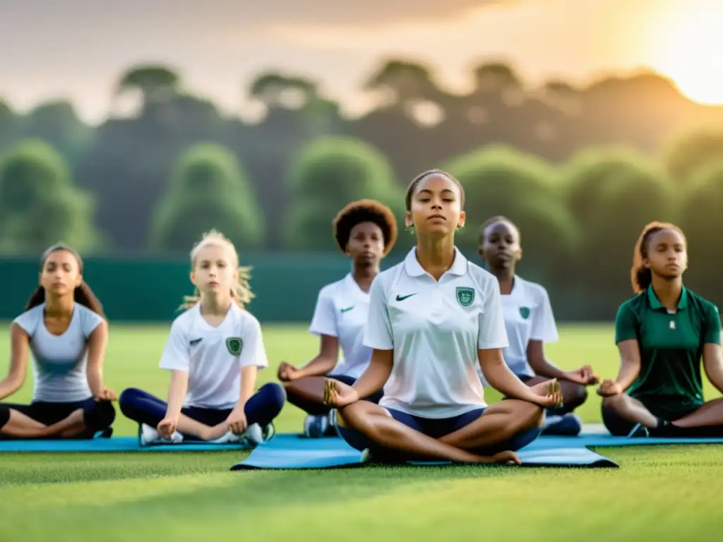 Grupo de atletas escolares practicando la respiración consciente en un campo verde exuberante al atardecer, con su entrenador guiándolos