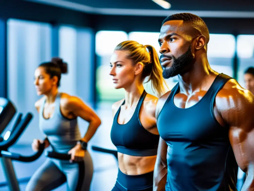 Grupo de atletas en gimnasio practicando entrenamiento HIIT con respiración consciente, determinación y energía en sus rostros