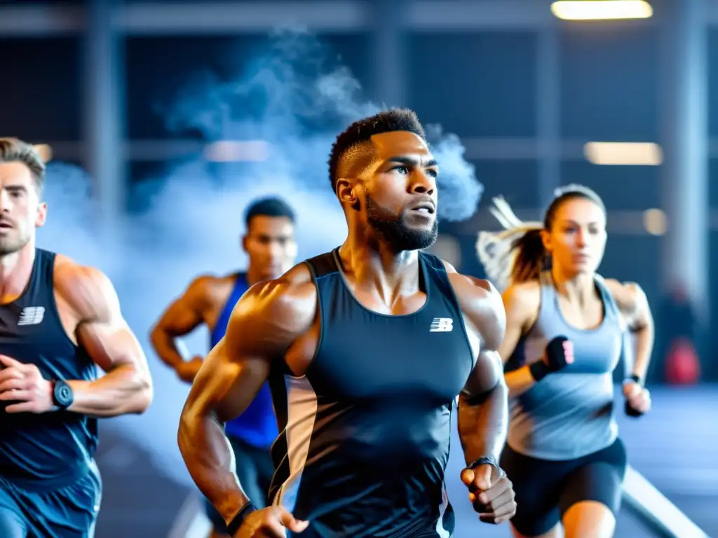 Grupo de atletas ejercitándose intensamente en un gimnasio moderno, demostrando la importancia de la respiración en la termorregulación