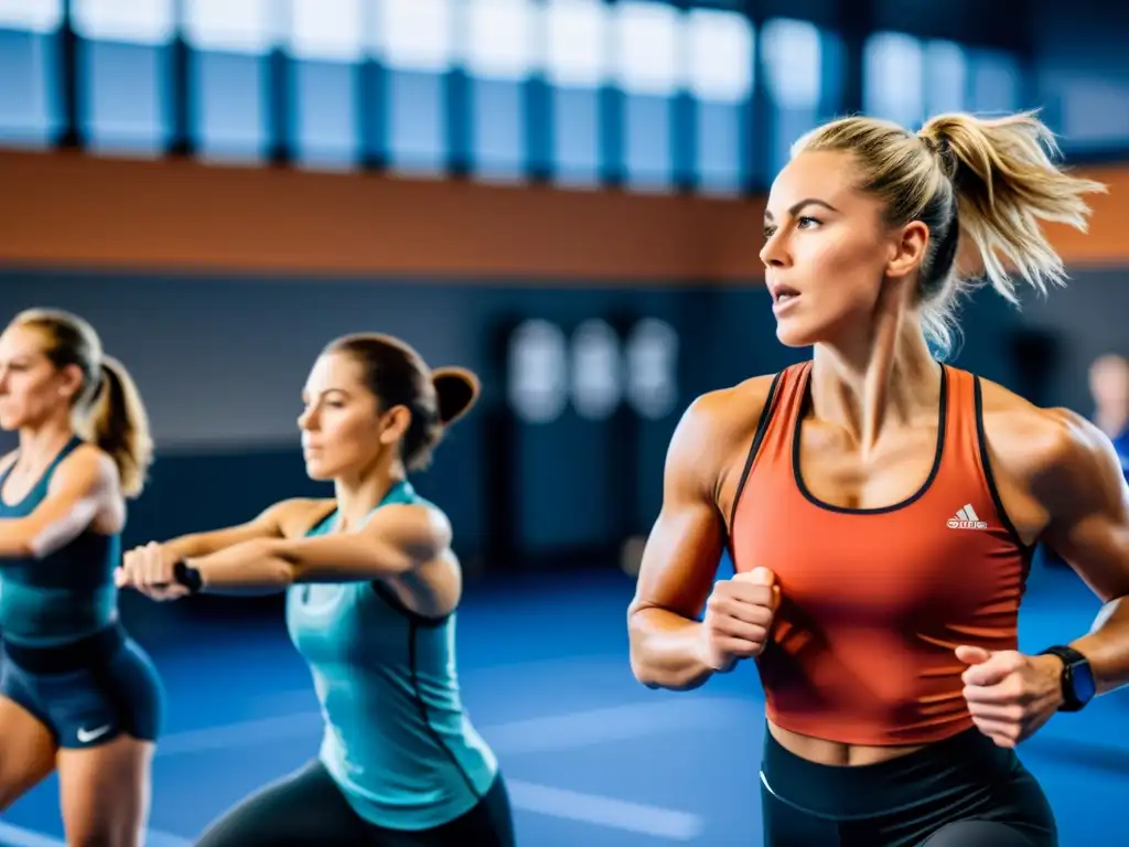 Un grupo de atletas en un gimnasio realizando técnicas respiratorias específicas para sus deportes, mostrando concentración y determinación