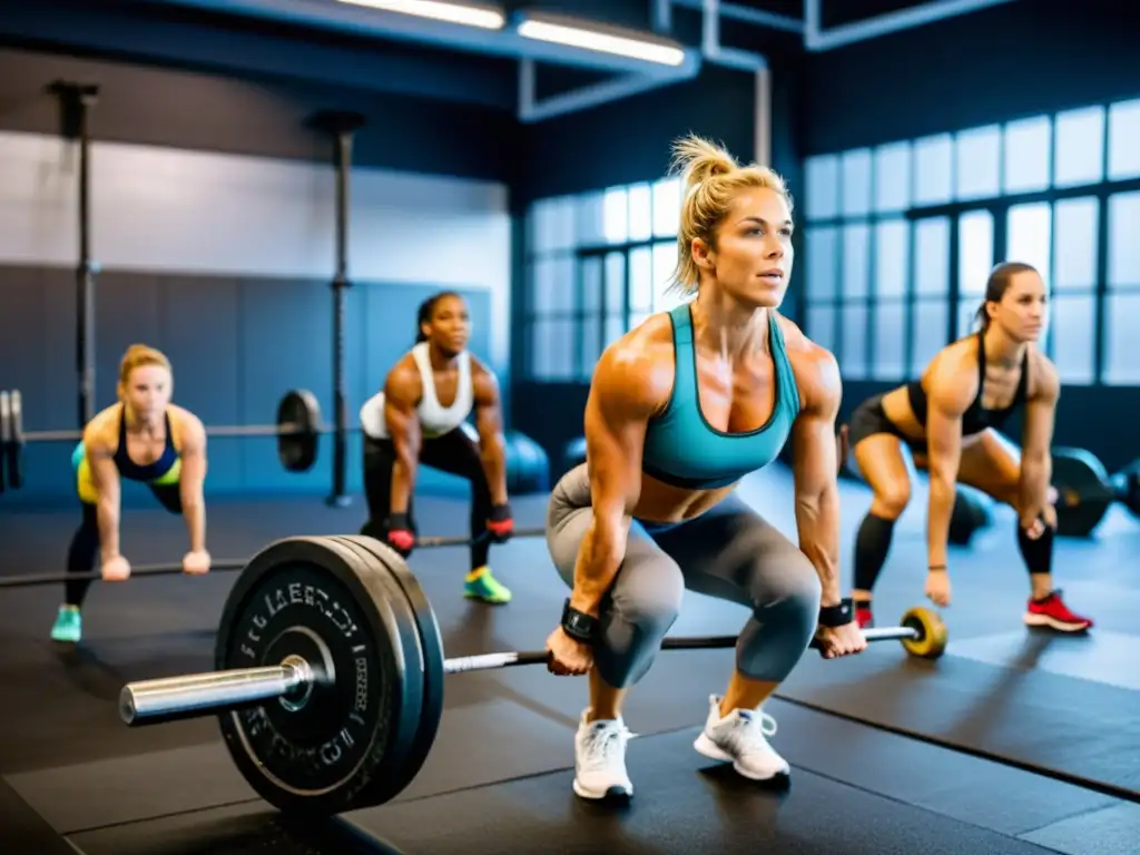 Grupo de atletas realizando intenso entrenamiento de Crossfit en un gimnasio moderno y bien iluminado, mostrando determinación y esfuerzo