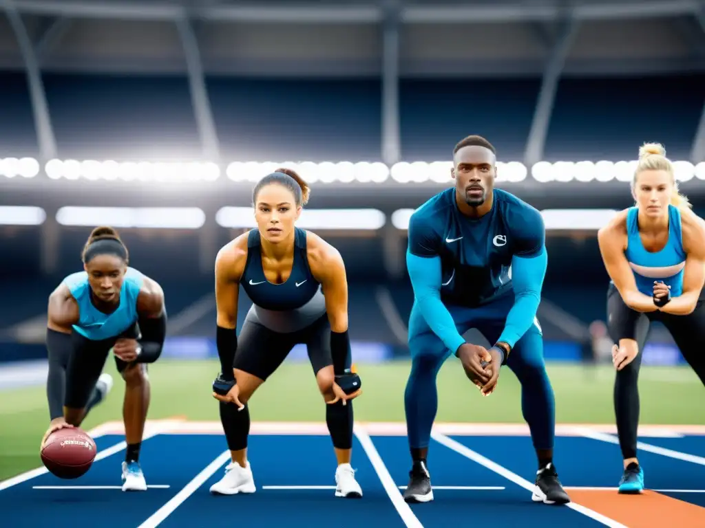 Un grupo de atletas profesionales entrenando en un campo deportivo futurista con tecnología wearable de vanguardia