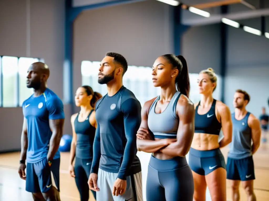 Un grupo de atletas profesionales en un centro de entrenamiento practicando técnicas de respiración para deportistas, enfocados y determinados