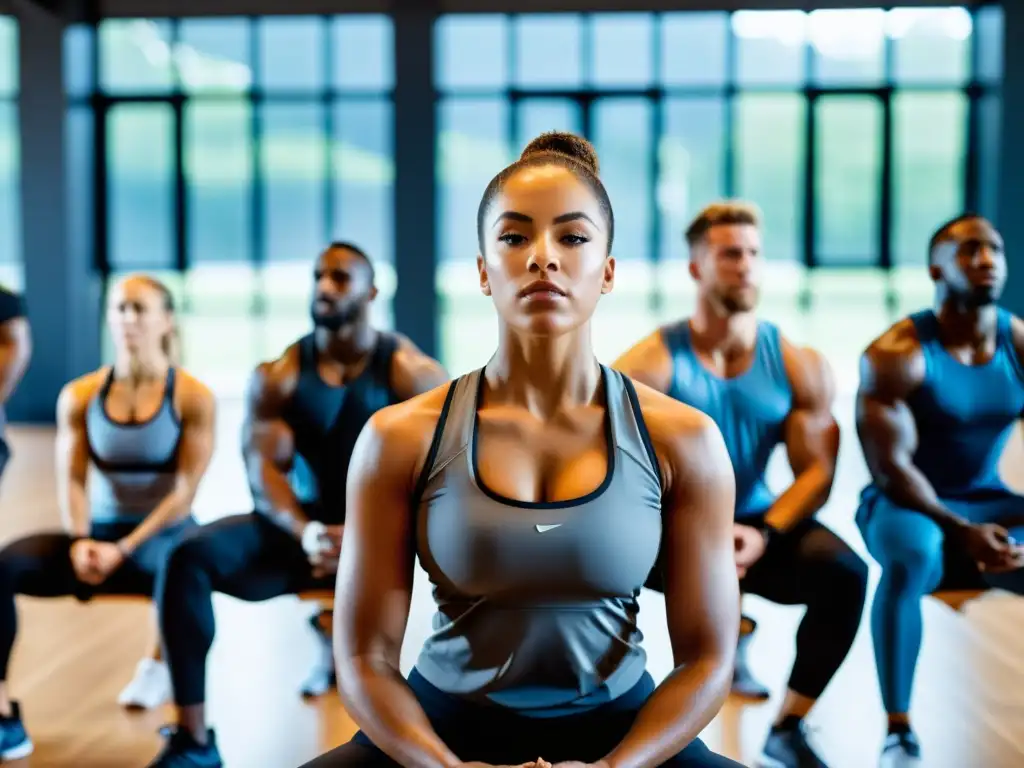 Un grupo de atletas profesionales practica técnicas respiratorias en un gimnasio moderno y luminoso, guiados por un entrenador