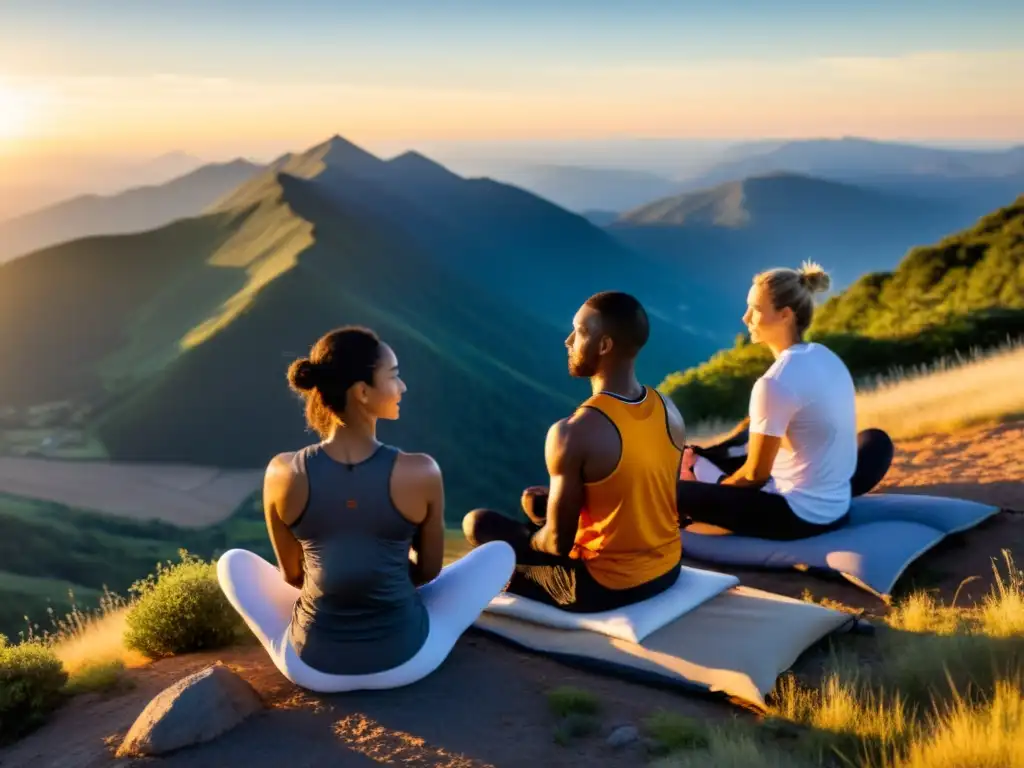 Grupo de atletas profesionales practicando técnicas de respiración en la cima de la montaña al amanecer, transmitiendo calma y enfoque