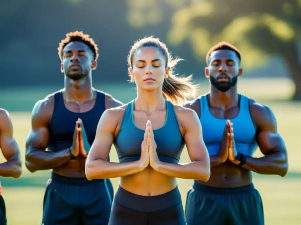 Grupo de atletas practicando respiración consciente en deporte, con expresiones serenas y enfoque interior, en un campo soleado