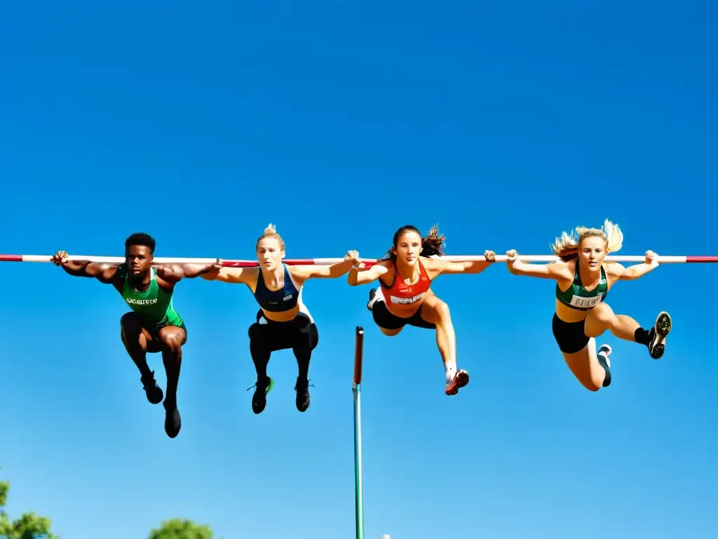 Un grupo de atletas de salto con pértiga en pleno vuelo, mostrando intensidad y determinación