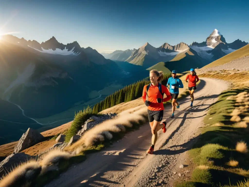 Grupo de atletas corriendo en sendero de montaña a gran altitud al atardecer, con efectos respiración entrenamiento alta altitud