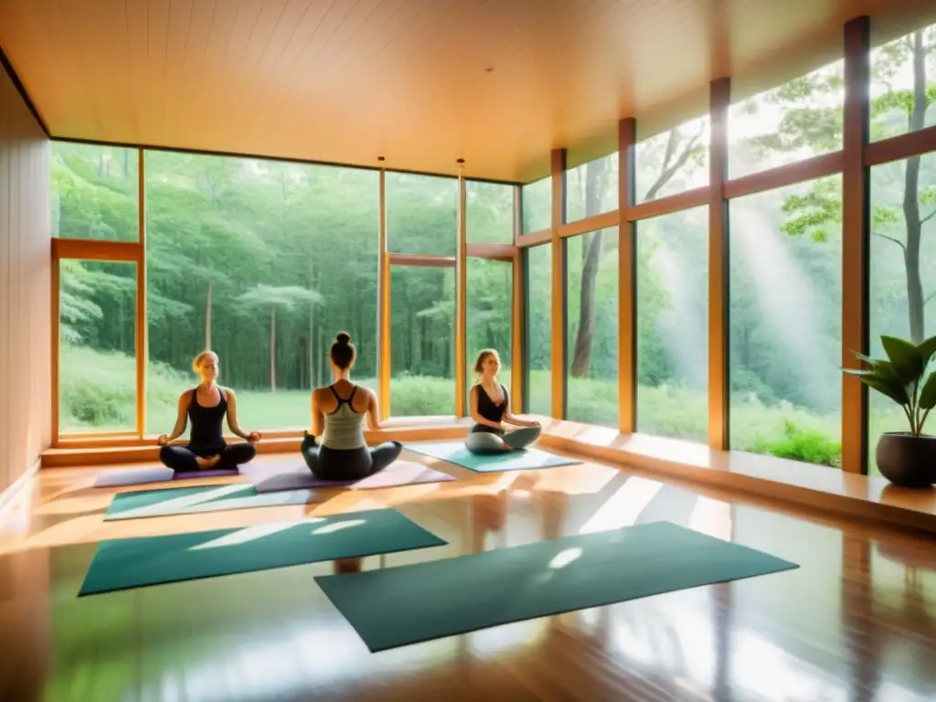 Grupo avanzado de practicantes de yoga realizando técnicas pranayama para mejorar respiración en un estudio sereno con vista a un bosque exuberante