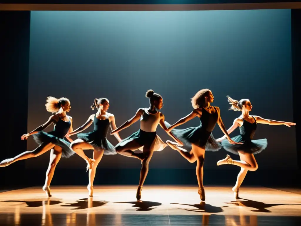 Grupo de bailarines contemporáneos en el escenario, mostrando gracia y destreza en sus movimientos, mientras mejoran la respiración