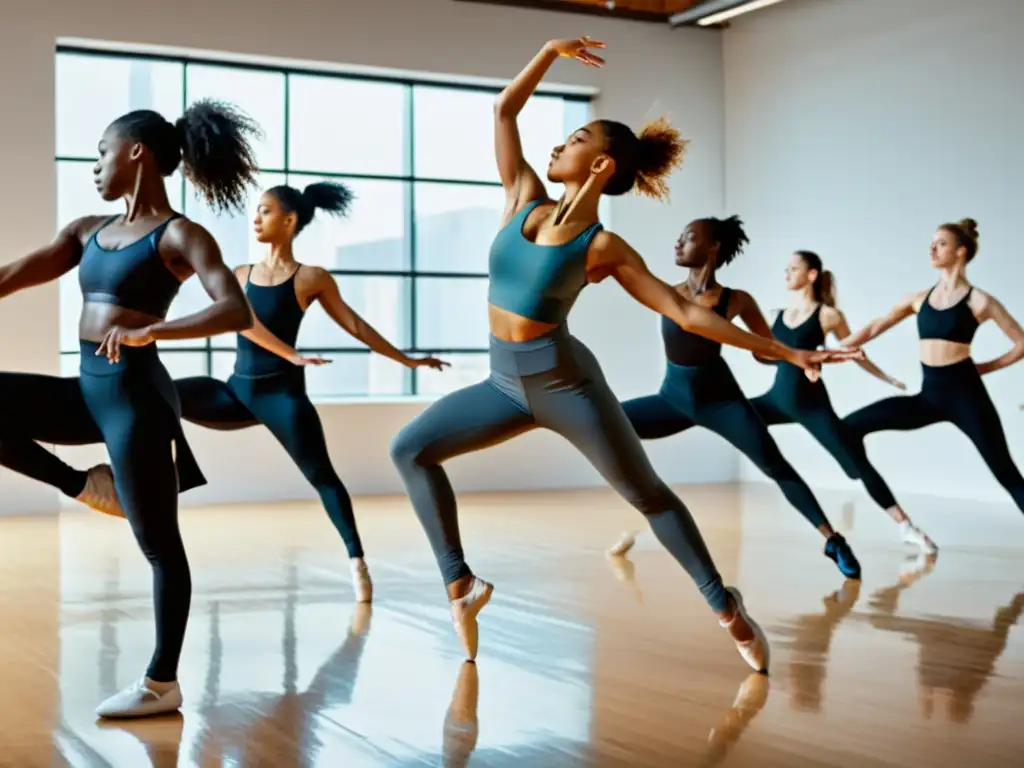 Grupo de bailarines contemporáneos ejecutando movimientos fluidos y precisos en un estudio luminoso, mejorando la respiración