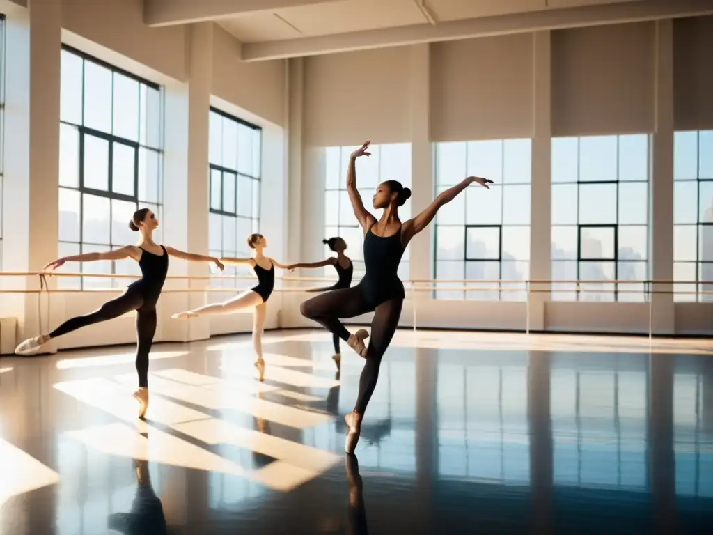 Grupo de bailarines en estudio soleado, movimientos gráciles y expresivos