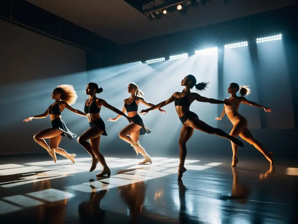 Un grupo de bailarines profesionales en un estudio tenue, congelados en el aire mientras ejecutan movimientos complejos