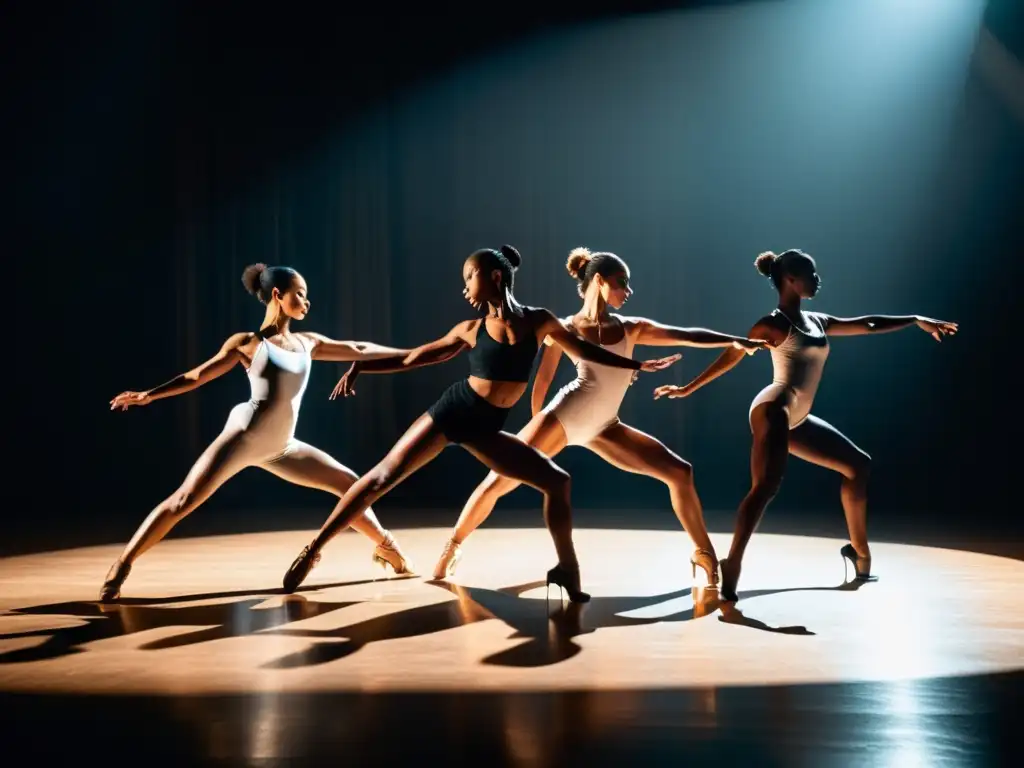 Grupo de bailarines profesionales ejecutando una rutina de alto impacto con expresión y precisión, iluminados en escena