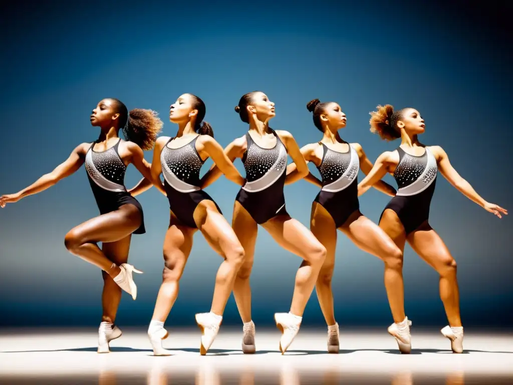 Grupo de bailarines sincronizados realizando una compleja rutina, mostrando la conexión entre respiración y movimiento en el baile deportivo