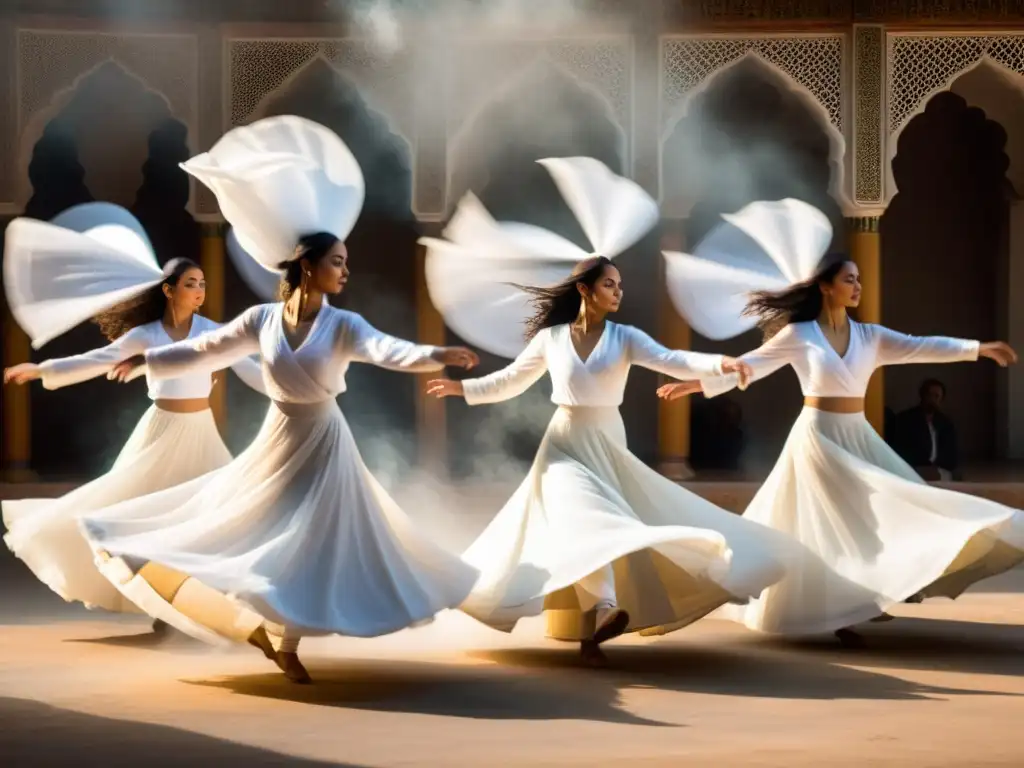 Un grupo de bailarines sufíes twirling graciosamente entre una suave niebla etérea