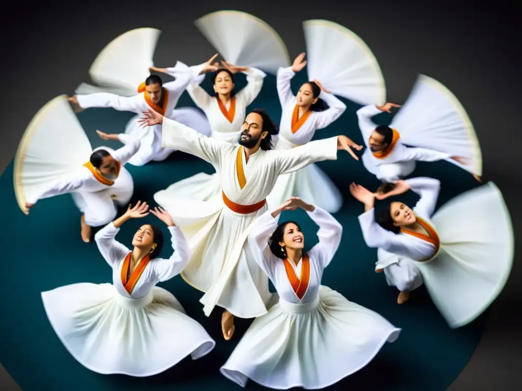 Grupo de bailarines sufi en trance, vestidos de blanco, girando en un ritual espiritual de respiración en la danza sufí