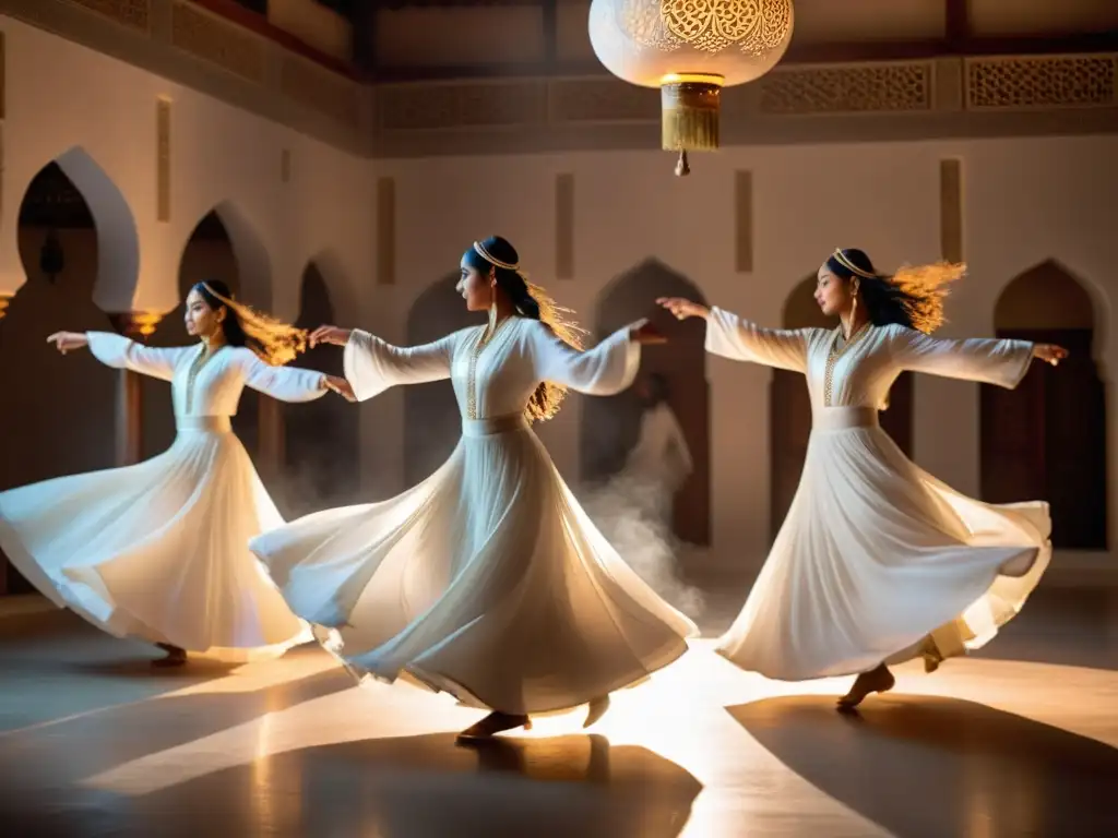 Grupo de bailarines sufí en túnicas blancas, girando con gracia en una habitación neblinosa