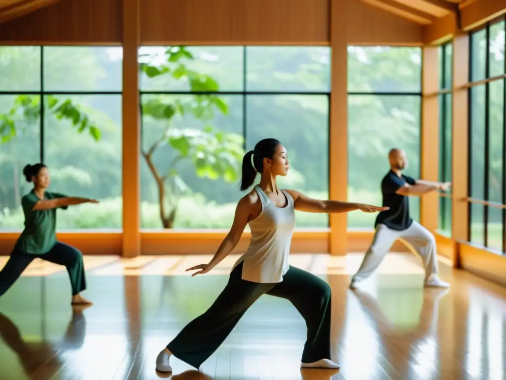 Un grupo disfruta de los beneficios de la respiración, el Qi Gong y el Tai Chi en un estudio moderno, rodeado de tranquilidad y naturaleza