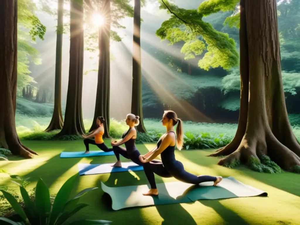 Un grupo en armonía practica yoga en un bosque exuberante, conectando con la naturaleza