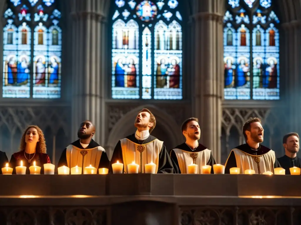 Gregorian Chant: Voces en la Catedral Grupo de cantantes interpretando canto gregoriano en catedral medieval, mostrando concentración y serenidad