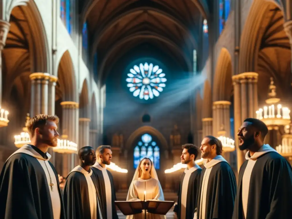 Grupo de cantantes entonando canto gregoriano en una catedral medieval, destacando su respiración y técnica vocal