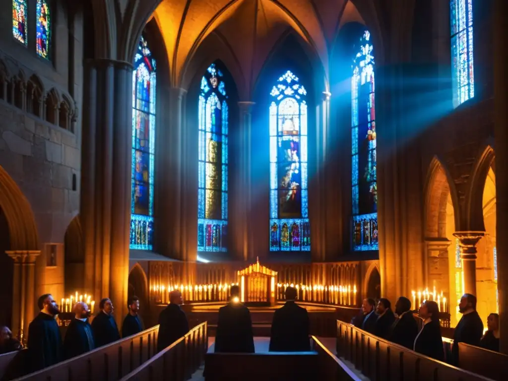 Grupo de cantantes en canto gregoriano, en catedral iluminada con vitrales, respirando y cantando en un ambiente sereno y espiritual