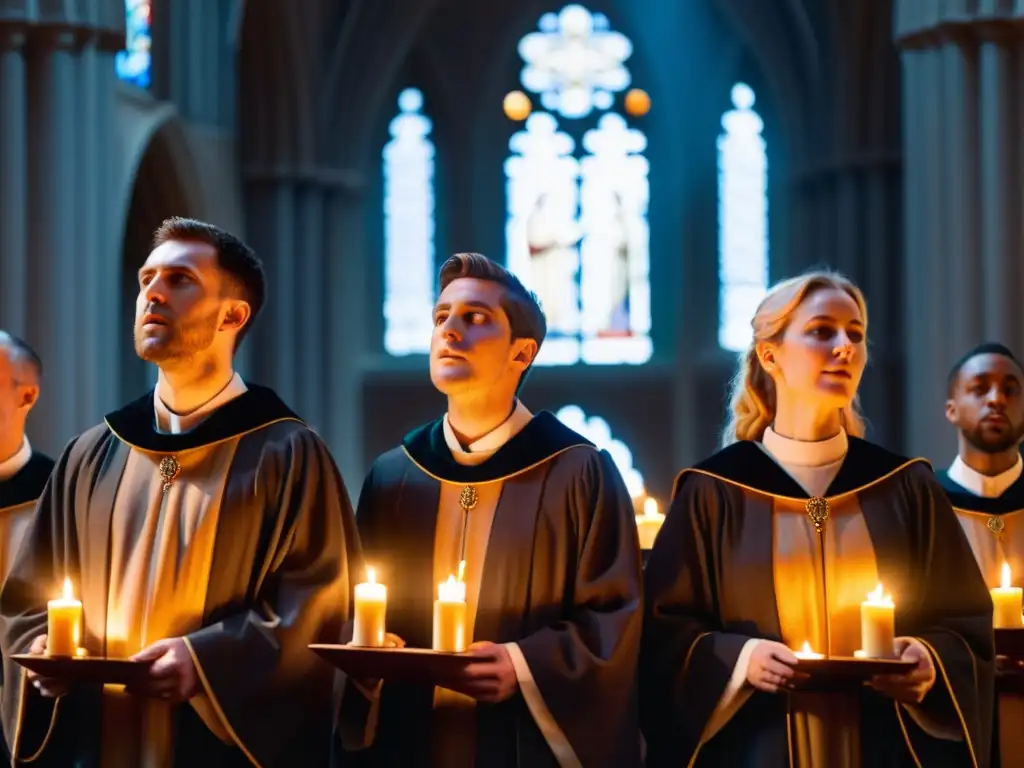 Coro gregoriano en catedral: luz, solemnidad y tradición Grupo de cantantes en túnicas gregorianas, iluminados por velas en catedral, evocando beneficios respiración canto gregoriano