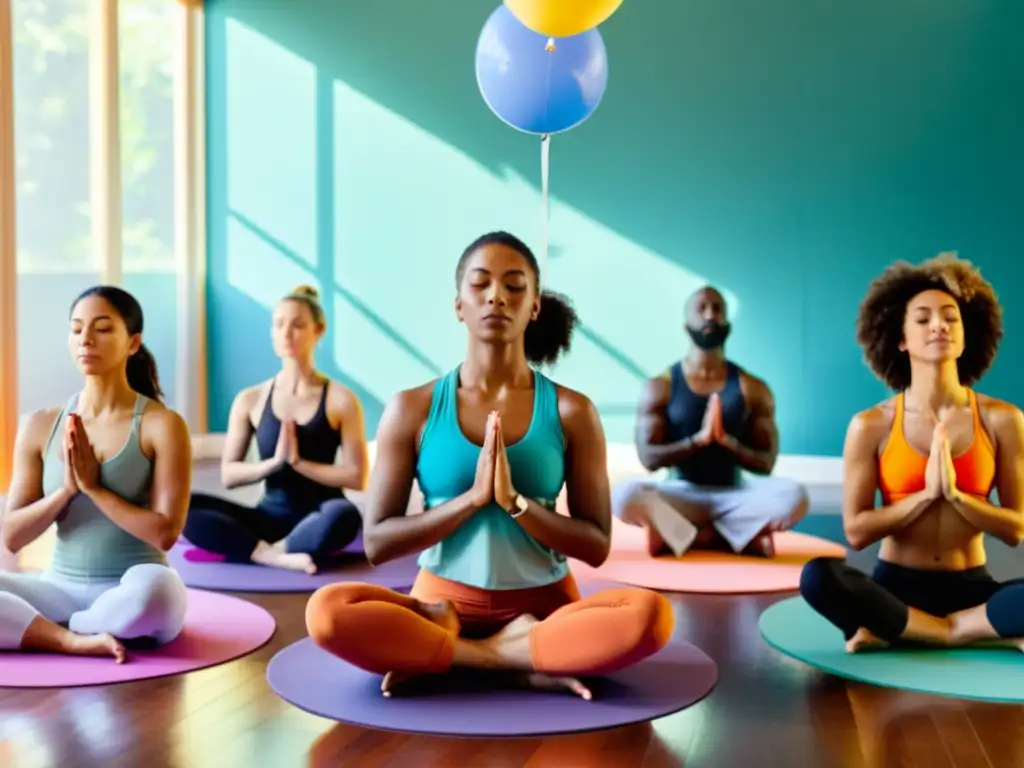 Un grupo de niños practica pranayama en casa con globos coloridos bajo la guía de un instructor cálido