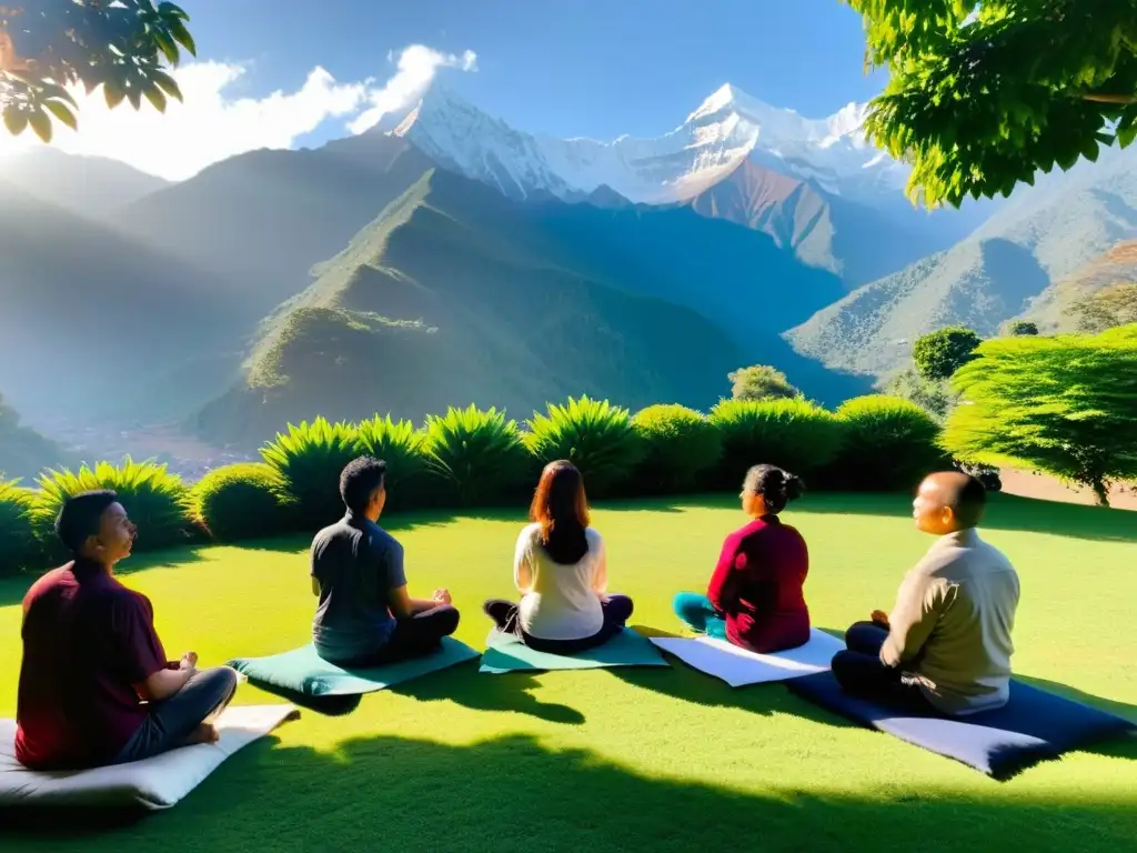 Grupo meditando en centro nepalí rodeado de montañas, practicando terapias de respiración en Nepal con serenidad y paz