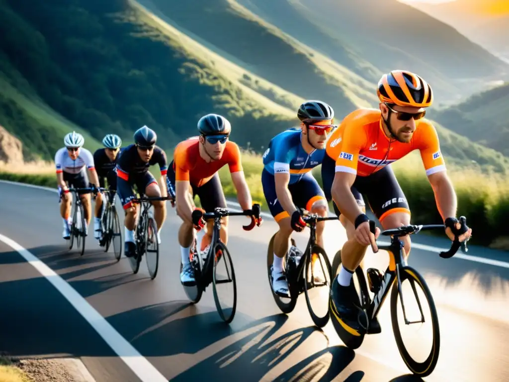 Grupo de ciclistas compitiendo en una empinada carretera de montaña al atardecer, mostrando su capacidad pulmonar para ciclismo competencia