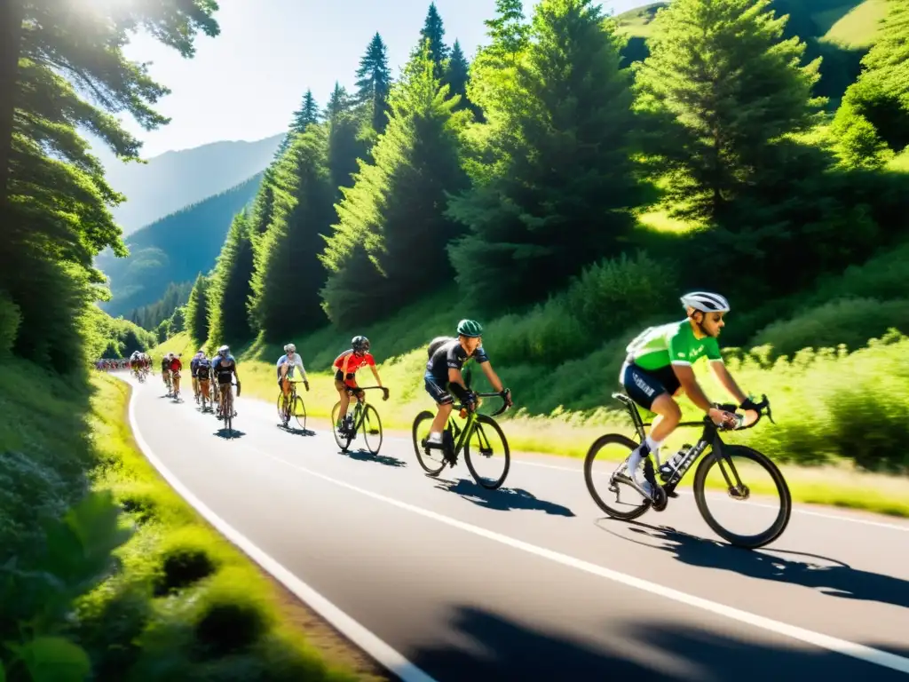 Grupo de ciclistas subiendo una montaña, concentrados y respirando sincronizadamente, en un paisaje verde