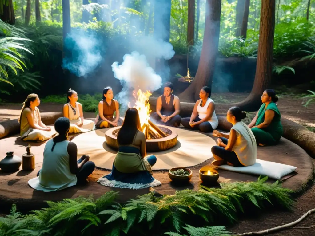 Grupo en círculo en el bosque, con hierbas aromáticas