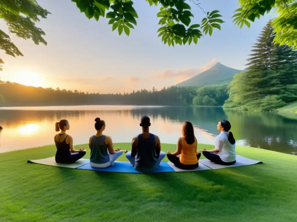 Grupo meditando en un círculo en el césped junto a un lago y árboles altos al atardecer