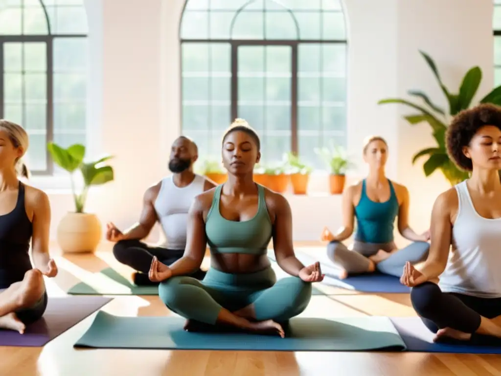 Grupo en círculo practicando meditación guiada en estudio luminoso