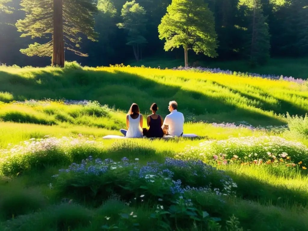 Grupo en círculo meditando en un prado, respiración holotrópica experiencias personales, atmósfera serena y unión palpable