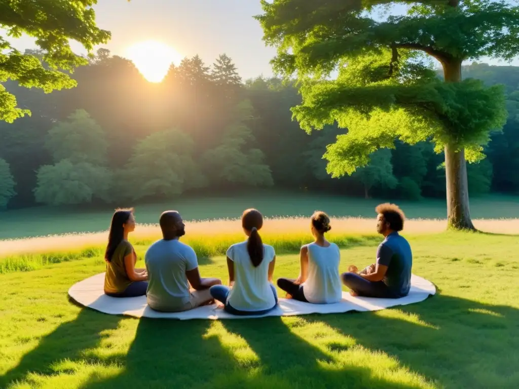 Grupo meditando en círculo en prado verde, al atardecer