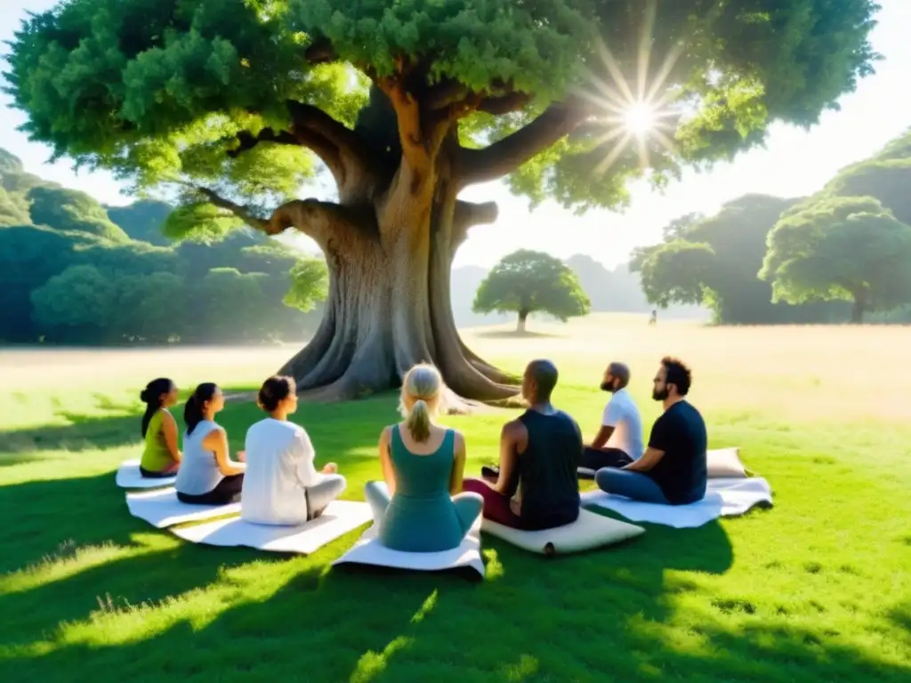 Grupo meditando en un claro boscoso, siguiendo técnicas de respiración consciente en retiros